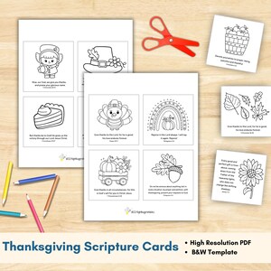 May include: Black and white printable Thanksgiving scripture cards with cute illustrations. The cards feature images of a pilgrim, a turkey, a pumpkin pie, a cornucopia, a rainbow, a basket of apples, a sunflower, and a pile of leaves. Each card includes a Bible verse related to Thanksgiving.