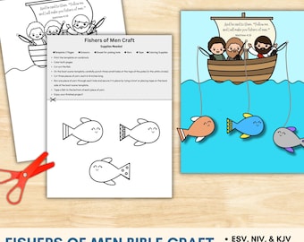 May include: A craft project featuring a boat with cartoon figures fishing for colorful fish. The text "Fishers of Men Bible Craft" is displayed below the image, along with instructions and fish templates. Scissors are also included.