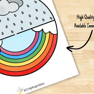 May include: A printable coloring page featuring a cloud with raindrops and a rainbow. The image is on a white background with a woodgrain texture.