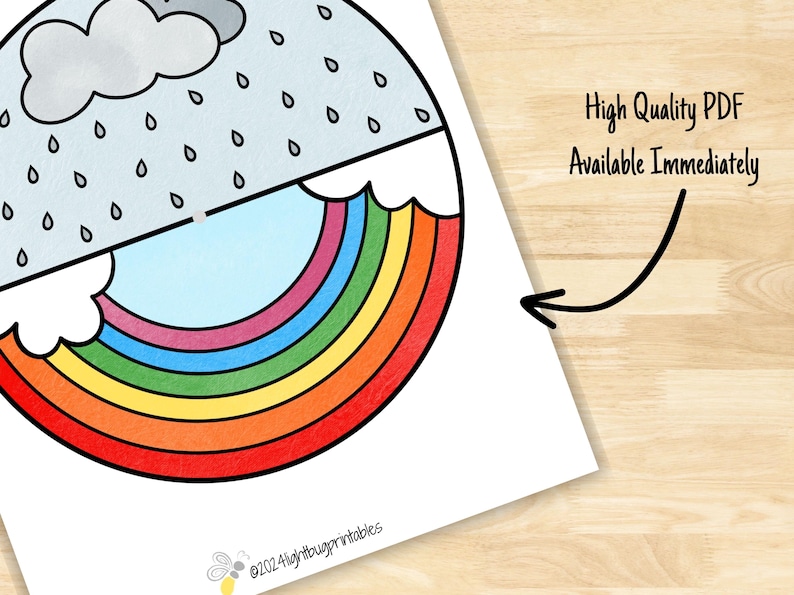 May include: A printable coloring page featuring a cloud with raindrops and a rainbow. The image is on a white background with a woodgrain texture.
