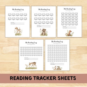 May include: Five printable reading log sheets with a woodland theme. Each sheet features a different animal illustration and a grid of book icons to track reading progress. The text "My Reading Log" appears at the top of each sheet.