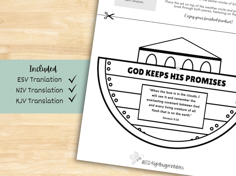 May include: A black and white printable craft activity for kids featuring a Noah's Ark with the text "God Keeps His Promises" and a Bible verse from Genesis 9:16.