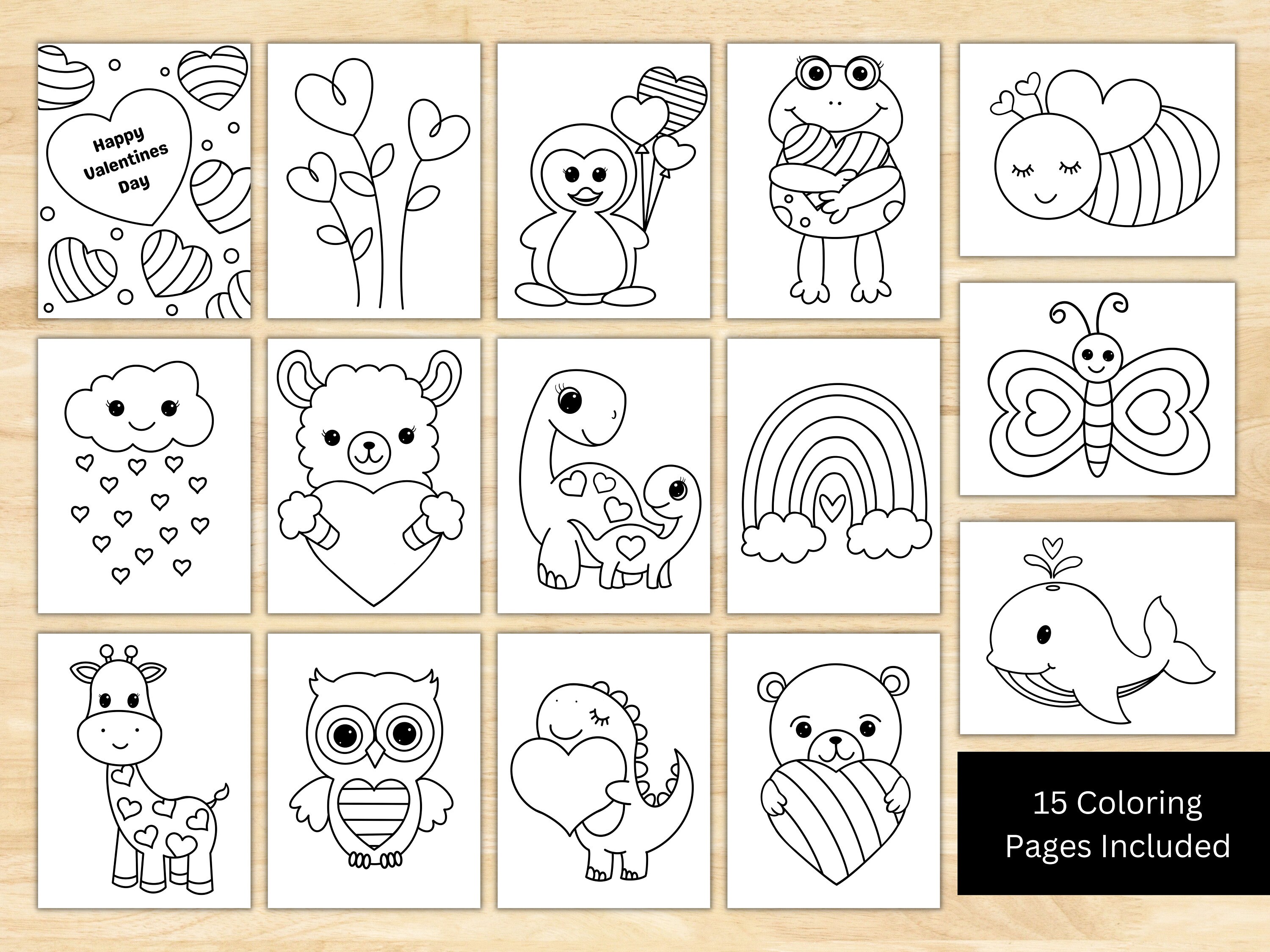 Valentines Day Coloring Pages for Kids | Heart Animal Designs (digital ...