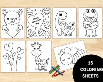 Valentines Day Coloring Pages for Kids | Heart Animal Designs (Digital Download)