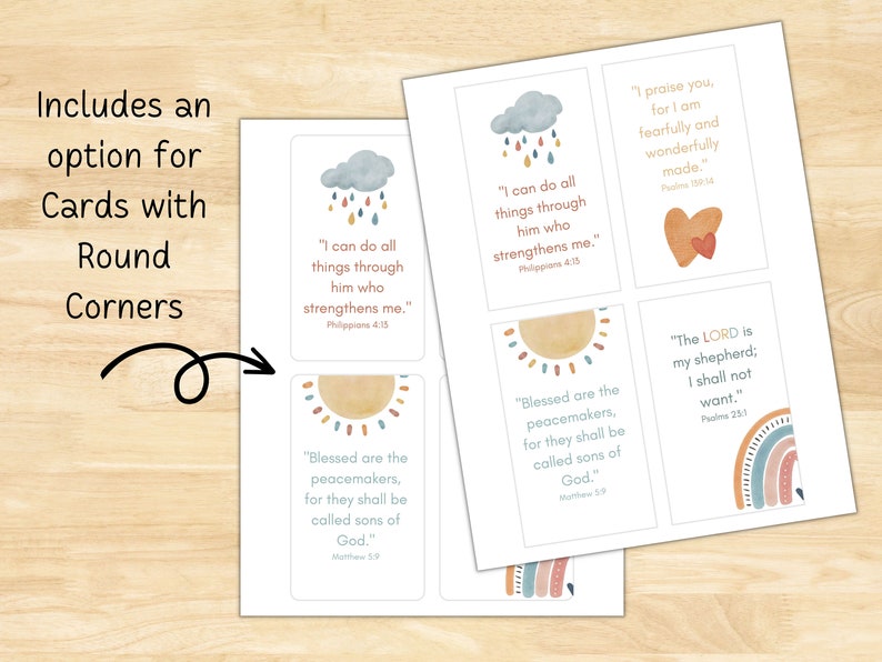 May include: Printable cards with inspirational quotes and illustrations. The cards feature a sun, a cloud with raindrops, a rainbow, and a heart. The quotes include "I can do all things through him who strengthens me." and "Blessed are the peacemakers, for they shall be called sons of God."
