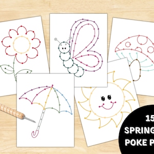 Puede incluir: Conjunto de 15 páginas de actividades de puntos a unir imprimibles de primavera con imágenes de una flor, una mariposa, un hongo, un paraguas y un sol. Cada imagen está delineada con puntos para conectar con un lápiz o un marcador.
