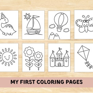 May include: A set of 10 black and white coloring pages featuring simple illustrations of a dinosaur, a boat, a hot air balloon, a butterfly, a sun, flowers, a castle, and a kite.  The pages are titled "My First Coloring Pages".