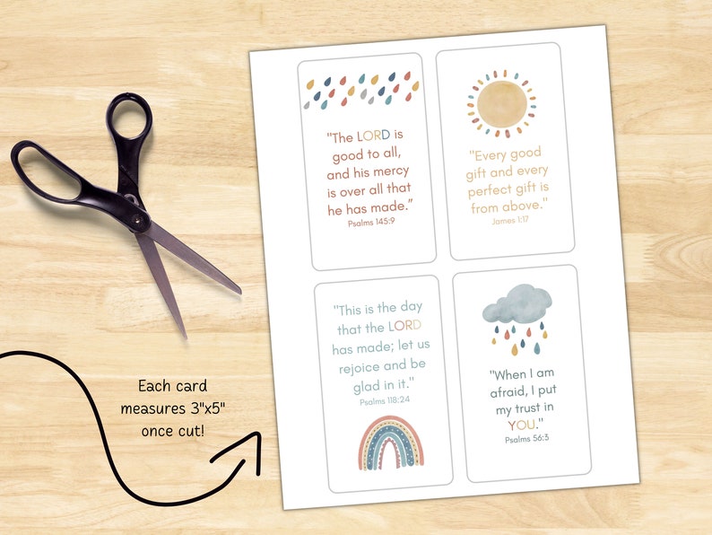 May include: Four printable cards with inspirational quotes from the Bible. Each card features a different watercolor illustration: raindrops, a sun, a rainbow, and a cloud with raindrops. The cards are designed to be cut out and used as bookmarks or inspirational reminders. Each card measures 3 inches by 5 inches.