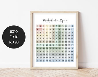 May include: A framed multiplication square chart with numbers 1-12 in a grid. The chart has a light wood frame and is labeled "Multiplication Square". The numbers are in various pastel colors. Available in 8x10, 11x14, and 16x20 inch sizes.