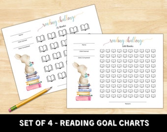 Tabella delle sfide di lettura per bambini / 10-100 libri, registro di lettura (download digitale)