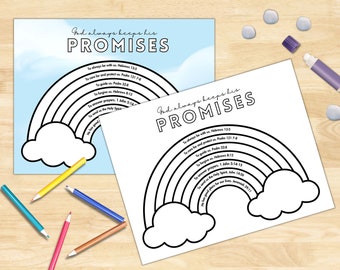 Puede incluir: Una página para colorear imprimible con un arcoíris con las palabras "Dios siempre cumple sus promesas" y versículos bíblicos. El arcoíris está delineado en negro y listo para ser coloreado.