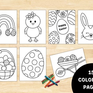 May include: A set of 15 black and white coloring pages featuring Easter themes. The pages include a rainbow, a chick, a bunny, a basket of eggs, an egg with polka dots, and a wheelbarrow full of eggs. The text "Happy Easter" is included on one of the pages.