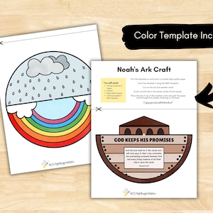 May include: A printable craft activity for kids featuring Noah's Ark. The craft includes a template of a rainbow and a cloud with rain, and a template of Noah's Ark with the text "God Keeps His Promises" and a Bible verse from Genesis 9:13.