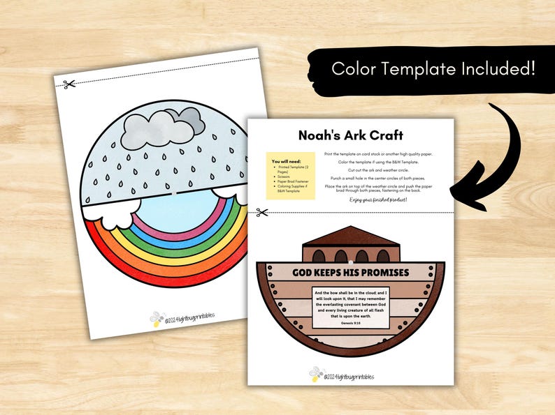 May include: A printable craft activity for kids featuring Noah's Ark. The craft includes a template of a rainbow and a cloud with rain, and a template of Noah's Ark with the text "God Keeps His Promises" and a Bible verse from Genesis 9:13.