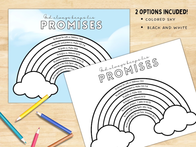 Pu&ograve; includere: Una pagina da colorare stampabile con un arcobaleno con il testo "Dio mantiene sempre le sue promesse" e versetti biblici. Sono incluse due opzioni: una versione con cielo colorato e una versione in bianco e nero.