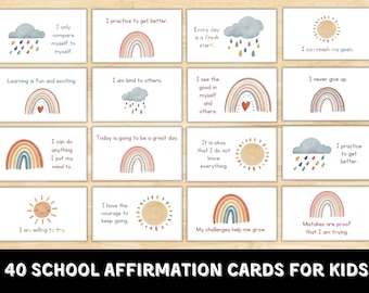 Tarjetas de afirmación escolar imprimibles para niños / 40 tarjetas de cuidado personal para niños / Afirmación positiva / Tarjetas de devoción imprimibles / Descarga instantánea