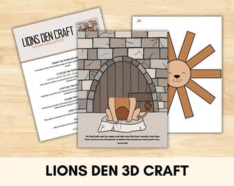 May include: Three printable craft templates for a "Lion's Den" activity. One shows a lion's body in front of a stone wall, another a lion's face with sun rays, and the third has instructions. The text "LIONS DEN CRAFT" is at the top and "CUT AND PASTE ACTIVITY" below it.