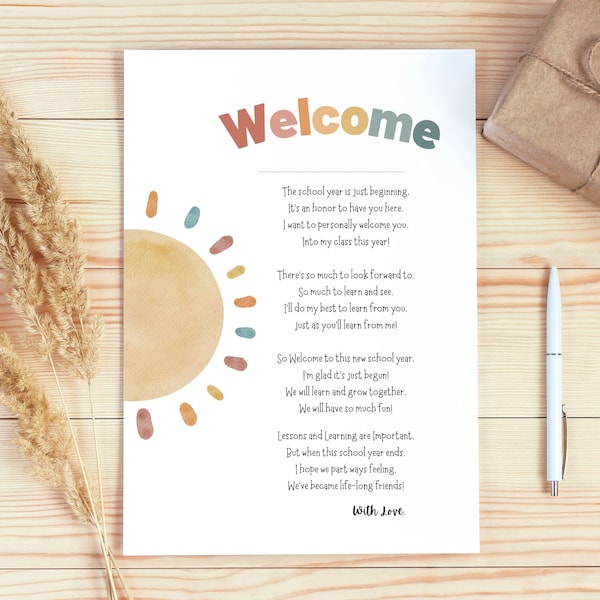 Welcome Note from Teacher | Gift from Teacher | First Day of School |  Printable Poem |  Gift for Students | Printable | Gift Tag Card