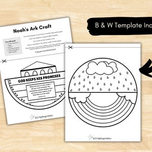 May include: Black and white printable craft activity for kids featuring Noah's Ark and a rainbow. The ark has the text "God Keeps His Promises" and a Bible verse. The printable includes a black and white template.