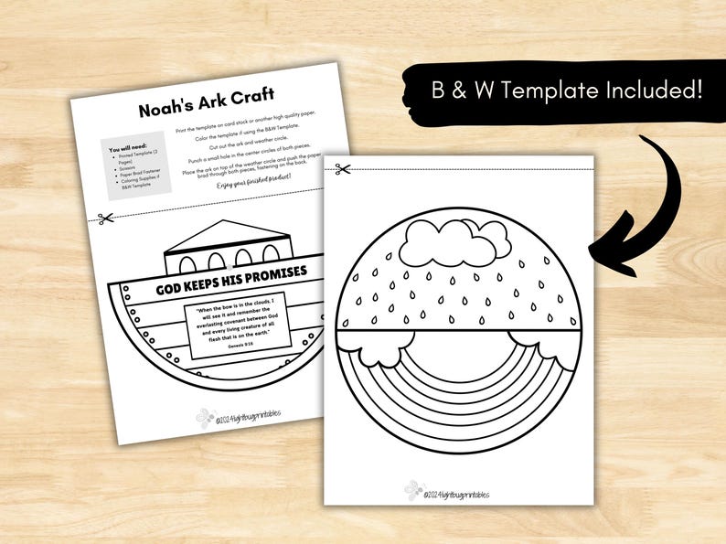 May include: Black and white printable craft activity for kids featuring Noah's Ark and a rainbow. The ark has the text "God Keeps His Promises" and a Bible verse. The printable includes a black and white template.