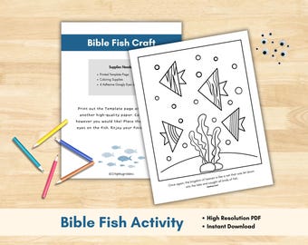 May include: A black and white printable coloring page featuring four fish, seaweed, and the text "Once again, the kingdom of heaven is like a net that was let down into the lake and caught all kinds of fish."  The page is titled "Bible Fish Craft".