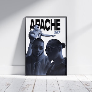 May include: A black and white poster with the text "APACHE 207" in bold, black letters. The poster features three men, two of whom are wearing sunglasses. The men are in a collage style, with their faces overlapping.