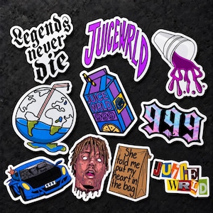 May include: A collection of nine vinyl stickers featuring Juice WRLD themes, including a blue sports car with 999 license plate, a juice carton, a globe with a straw, a portrait, a paper bag with text, and the phrases Legends never die and 999.
