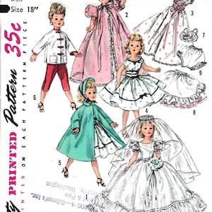 May include: Vintage Simplicity doll pattern 1808, size 18 inches. The pattern features various doll outfits, including a wedding dress, coat, and dresses. The pattern is printed on each piece and includes the price of 35 cents.