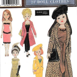 May include: Simplicity pattern for 21-inch doll clothes. The Collector's Choice pattern features illustrations of dolls in various outfits, including a pink dress, a black jumpsuit with a pink coat, a yellow suit, a yellow gown, and a leopard print coat.