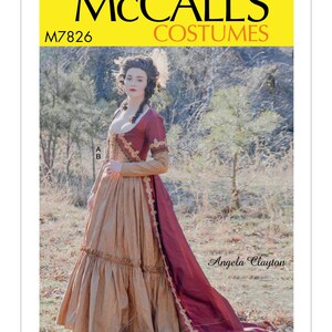 May include: McCall's Costumes M7826 sewing pattern envelope featuring a floor-length gown with a deep red bodice and long sleeves, a tan skirt with a ruffled tier, and gold lace trim. The text reads McCall's Costumes M7826 and Angela Clayton.