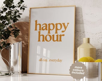 Happy hour poster, bar cart wall decor, Aesthetic Kitchen Wall Art, Cocktail prints, Trendy wall art, bar cart art prints, digital download