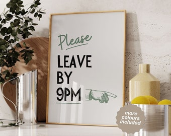 Please Leave By 9pm Wall Art, Bar Cart Prints, Living Room Print, Retro Mid Century Print, Funny Retro Poster, Trendy Printable Wall Art