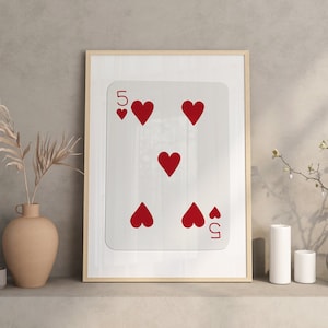 Trendy 5 of Hearts Print, Printable Wall Art, Trendy Retro Wall Art, Retro Trendy Aesthetic Print, Playing Card Poster, Trendy Wall Art