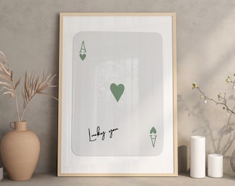 Trendy Ace of Hearts Print, Lucky You Poster, Trendy Retro Wall Art, Retro Trendy Aesthetic Print, Ace Card Poster, Sage Green Wall Art
