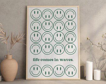 Live Comes In Waves Print, Life Quotes Wall Art Printable, Inspiring Typography Prints, Trendy Wall Art Digital, Sage Green Wall Art