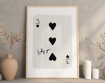 Trendy 3 of Hearts Print, Lucky You Poster, Trendy Retro Wall Art, Retro Trendy Aesthetic Print, Playing Card Poster, Trendy Wall Art