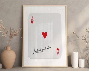 Trendy Ace of Hearts Print, Lucky Girl Quote, Retro Wall Art, Retro Trendy Aesthetic Print, Playing Card Poster, Trendy Wall Art, Dorm Decor