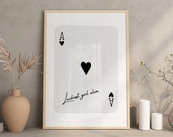 Trendy Ace of Hearts Print, Lucky Girl Quote, Retro Wall Art, Retro Trendy Aesthetic Print, Playing Card Poster, Trendy Wall Art, Dorm Decor