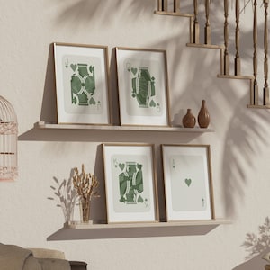 Set alla moda di 4 carte da gioco stampa, arte da parete verde salvia, arte da parete retrò alla moda, stampa estetica, carte da gioco, poster Lucky You, digitale
