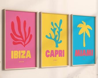 Travel Print Set of 3, Gallery Wall Set, Trendy Printable Wall Art, Colorful Travel Poster, Maximalist Wall Art, Capri, Ibiza, Miami Print