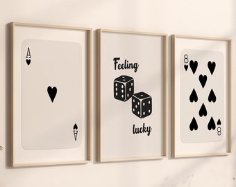 Set of 3 Wall Art, Feeling Lucky Poster, Trendy Retro Wall Art, Retro Trendy Aesthetic Print, Playing Card Poster, Trendy Wall Art, Digital