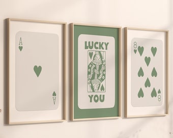 Trendy Set of 3 Ace of Hearts, Lucky You Poster, Sage Green Wall Art, Retro Trendy Aesthetic Print, Playing Card Poster, Trendy Wall Art
