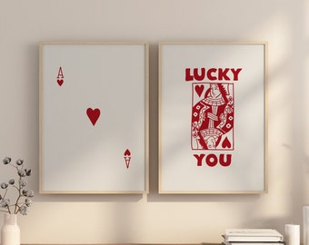 Trendy Set of 2 Print, Lucky You Poster, Trendy Retro Wall Art, Retro Trendy Aesthetic Print, Playing Card Poster, Trendy Wall Art, Dorm Art