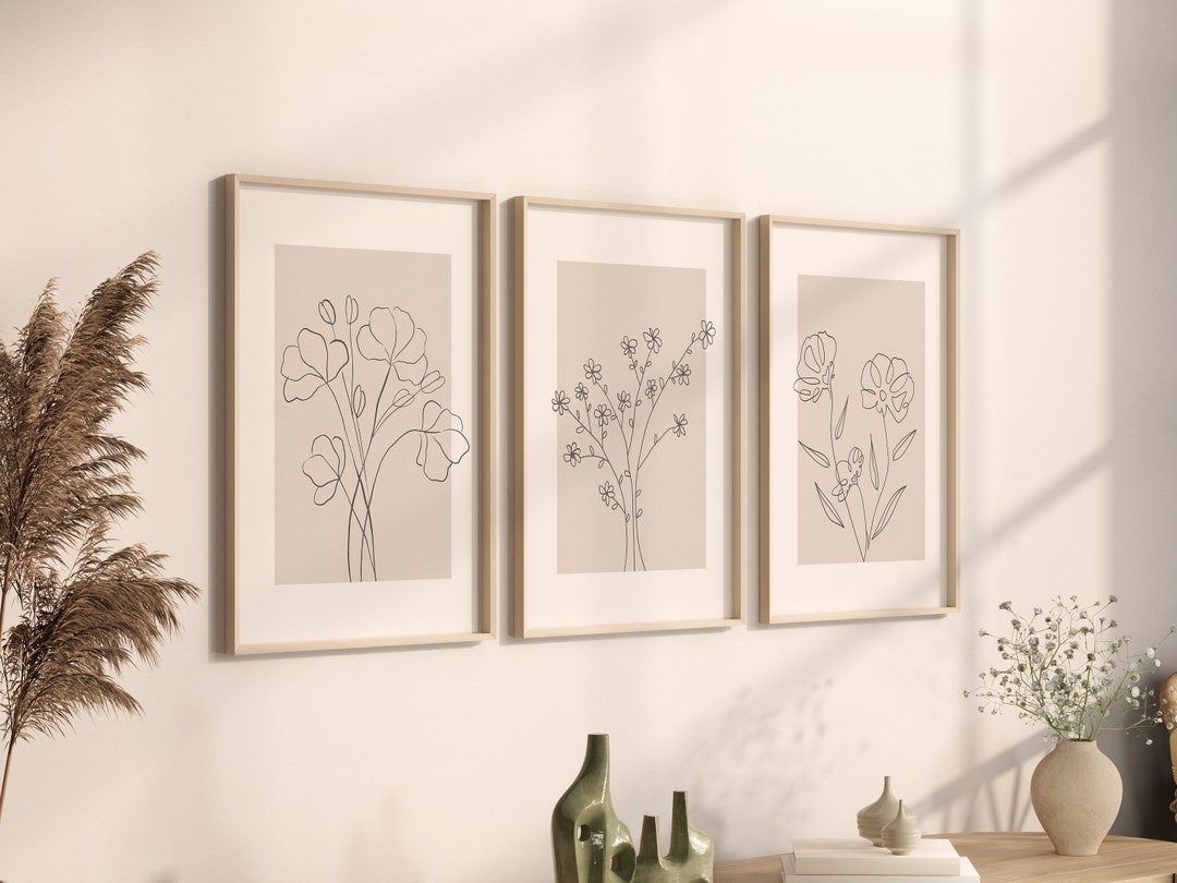 Set of 3 Botanical Art Print, Continuous Line Neutral Artwork Poster ...