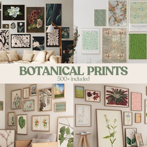 May include: A collection of botanical prints featuring various flowers, plants, and leaves. The prints are framed and displayed on a white wall in a living room setting. The text "BOTANICAL PRINTS 500+ included" is displayed in the center of the image.