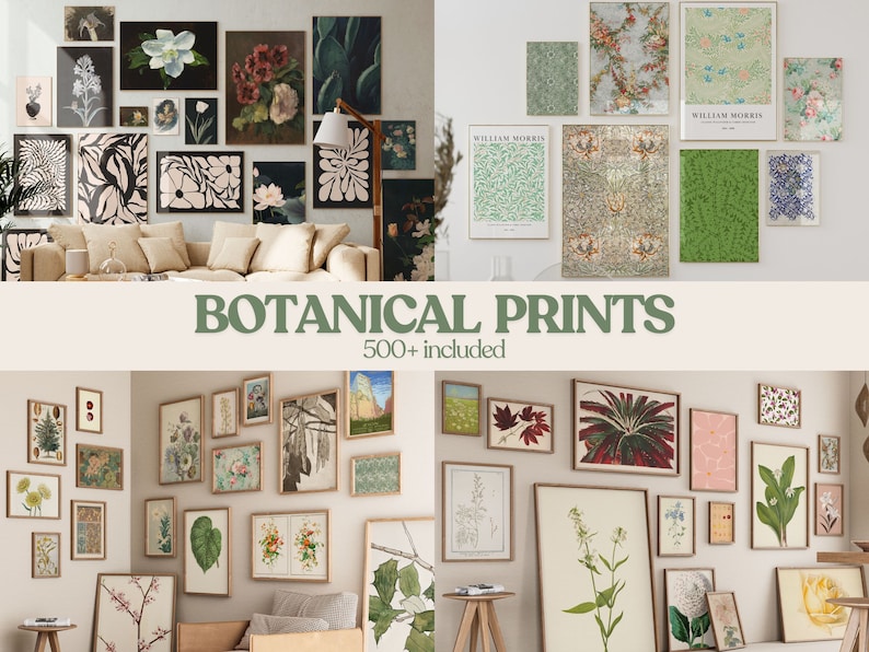 May include: A collection of botanical prints featuring various flowers, plants, and leaves. The prints are framed and displayed on a white wall in a living room setting. The text "BOTANICAL PRINTS 500+ included" is displayed in the center of the image.