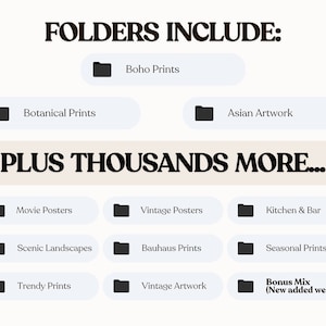 May include: A graphic showing folders with different categories of printable art, including Boho Prints, Botanical Prints, Asian Artwork, Movie Posters, Vintage Posters, Kitchen & Bar, Scenic Landscapes, Bauhaus Prints, Seasonal Prints, Trendy Prints, Vintage Artwork, and Bonus Mix (New added weekly).