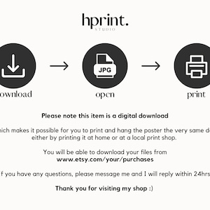 May include: A digital download graphic showing a download arrow, a JPG file, and a printer icon. The text reads "Please note this item is a digital download. Which makes it possible for you to print and hang the poster the very same day, either by printing it at home or at a local print shop. You will be able to download your files from www.etsy.com/your/purchases. If you have any questions, please message me and I will reply within 24hrs. Thank you for visiting my shop :)"