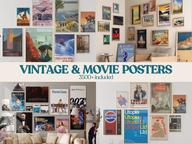 May include: A collection of vintage and movie posters in various colors and styles, including posters for Titanic, Harry Potter, Forrest Gump, Shawshank Redemption, Rocky, Skyfall, 007, Mean Girls, I Want You for U.S. Army, Pepsi, Utopia, Coca-Cola, Keep Your Teeth Clean, and Living Posters. The posters are displayed on a white wall in a living room setting.