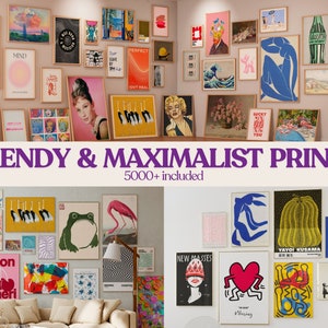 May include: A collage of trendy and maximalist art prints featuring various designs, including abstract shapes, animals, and text. The prints are arranged in a grid pattern on a white wall. The text "TRENDY & MAXIMALIST PRINTS 5000+ included" is displayed below the collage.